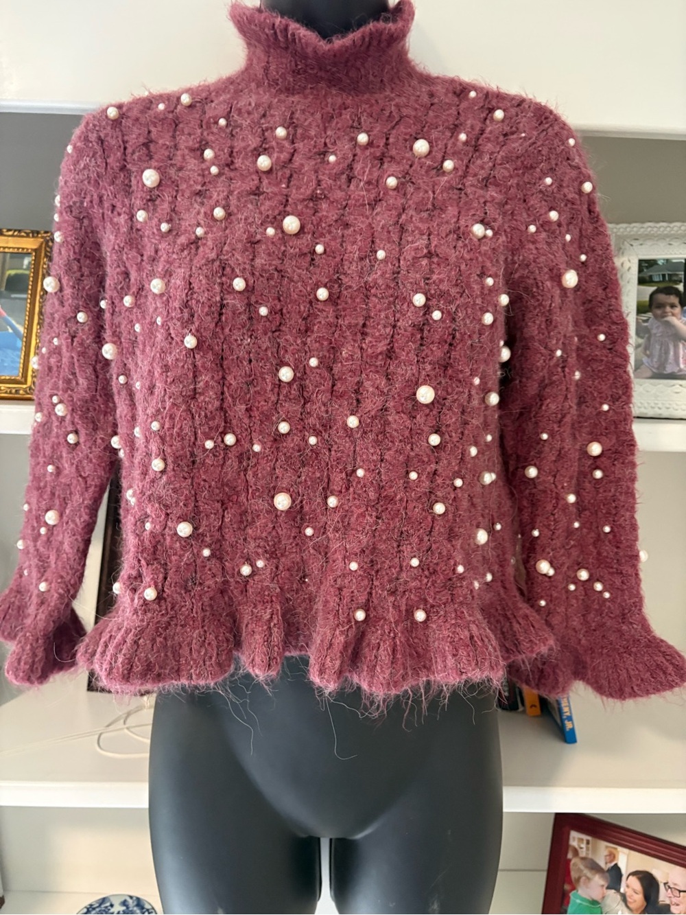 Zara Mauve Pearl-Embellished Turtleneck Sweater